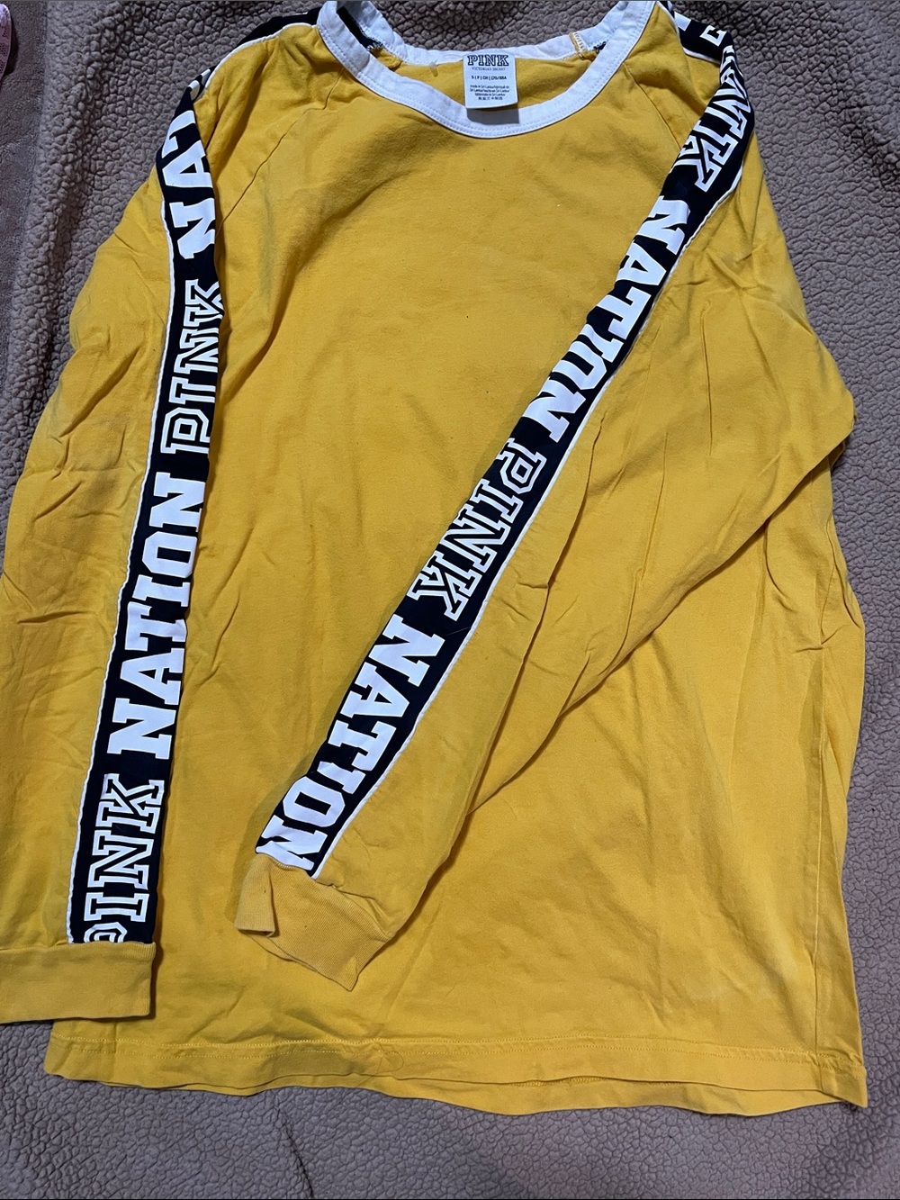 PINK Victoria's Secret Yellow Long-Sleeve Crew with Black Logo Tape